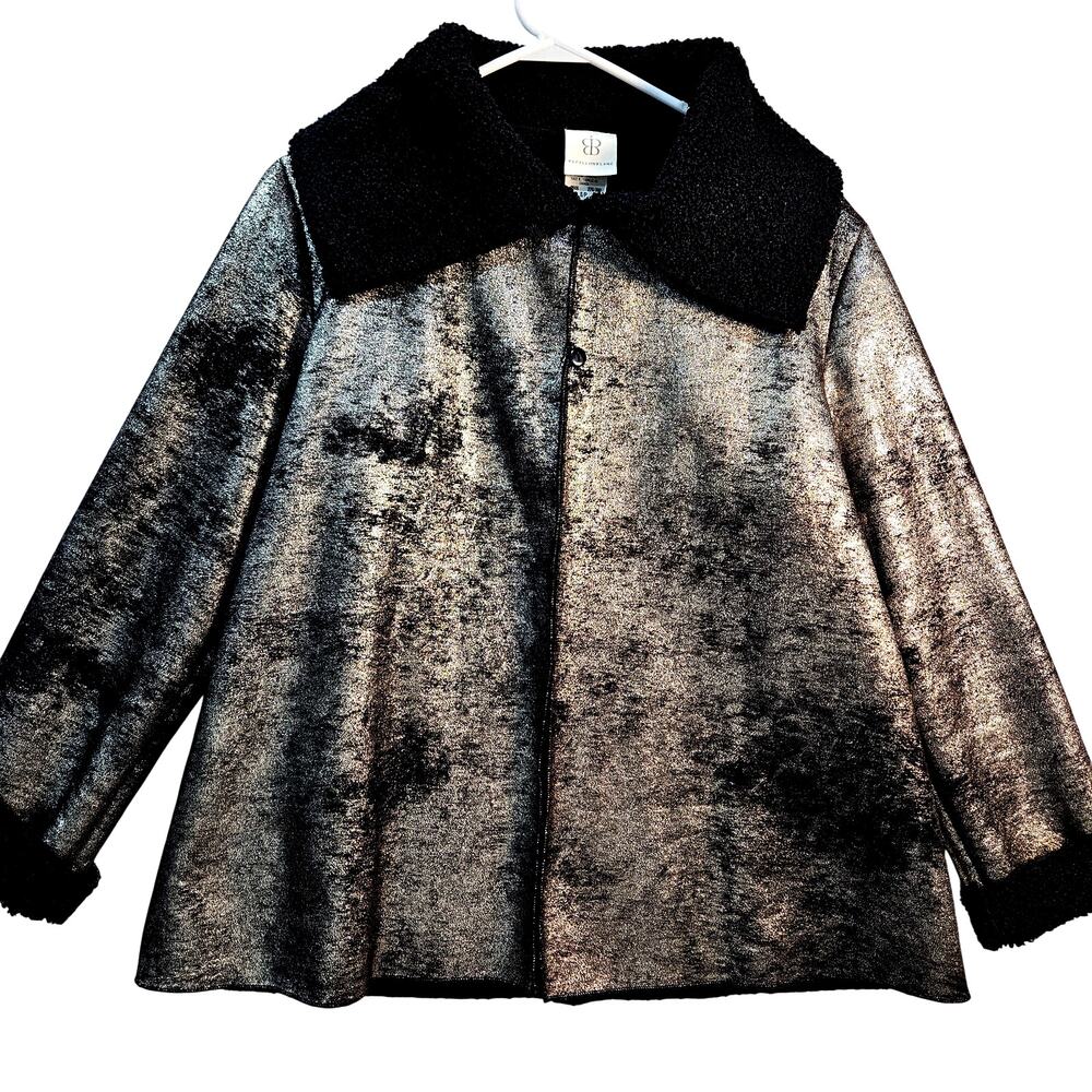 Papillon Blanc Gold Black Metallic Jacket Sherpa Lined Coat Size Small